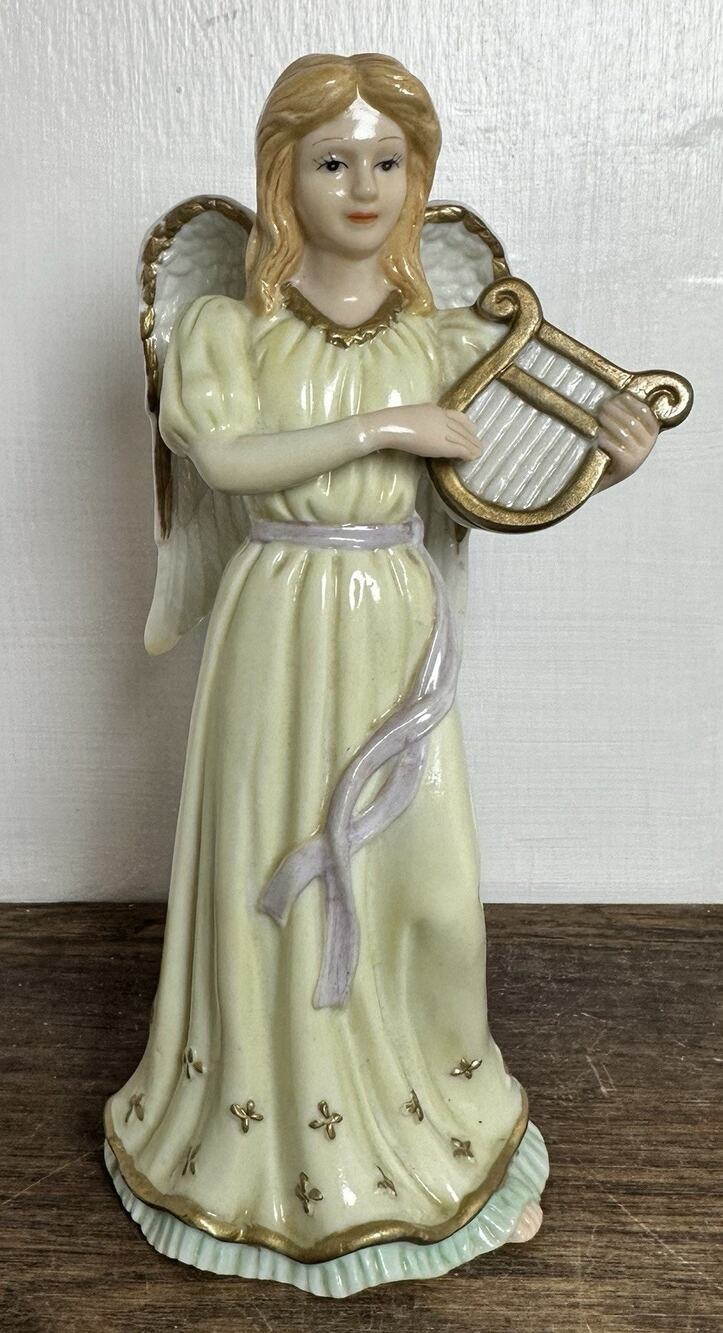 Geo Z Lefton Angel Harpist Figurine #1582 Hand Painted Porcelain 7" Vintage 90s